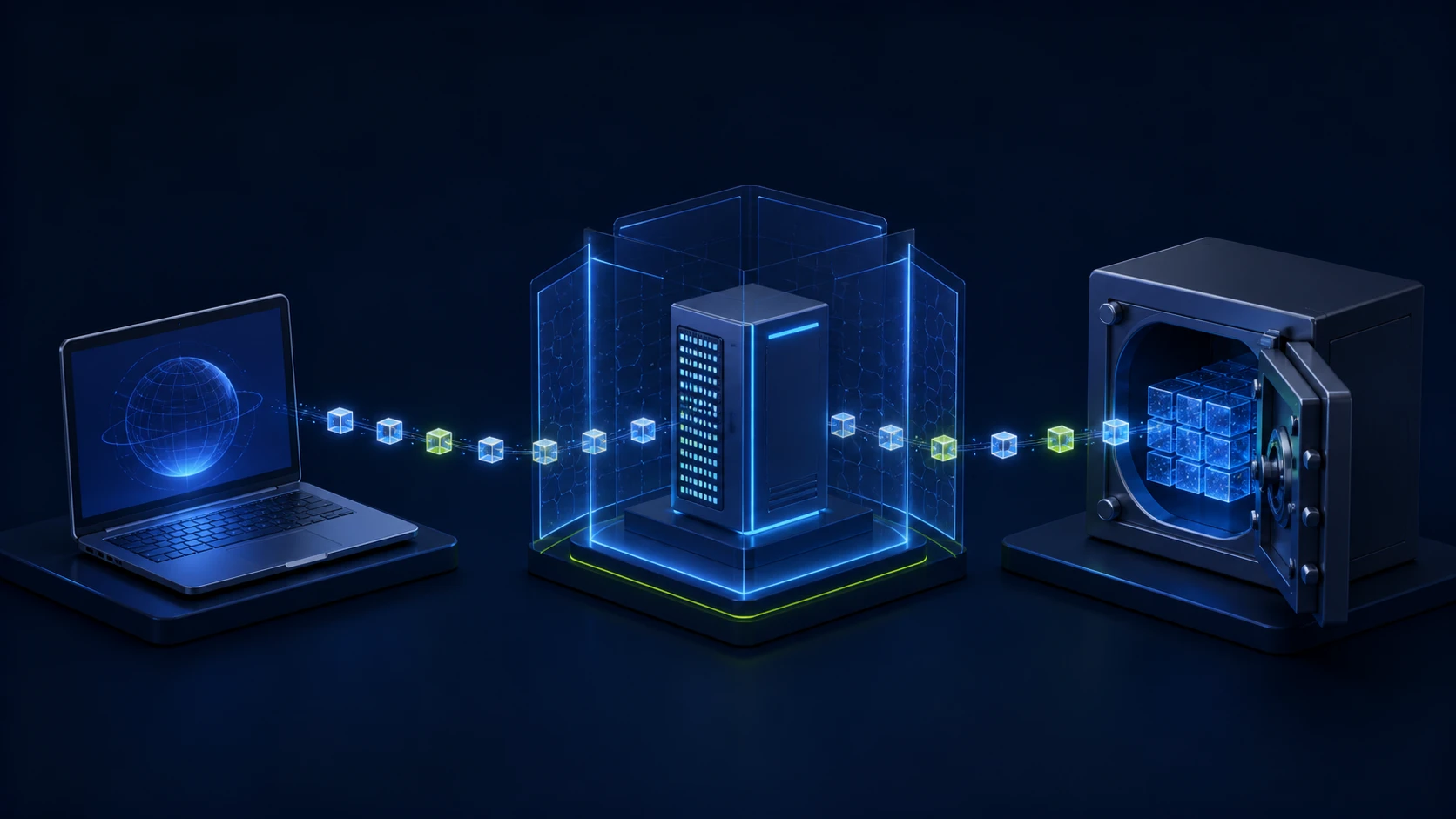 Tarayıcı, Windows Server ve şifreli depolama arasındaki güven sınırını gösteren soyut mimari çizimi